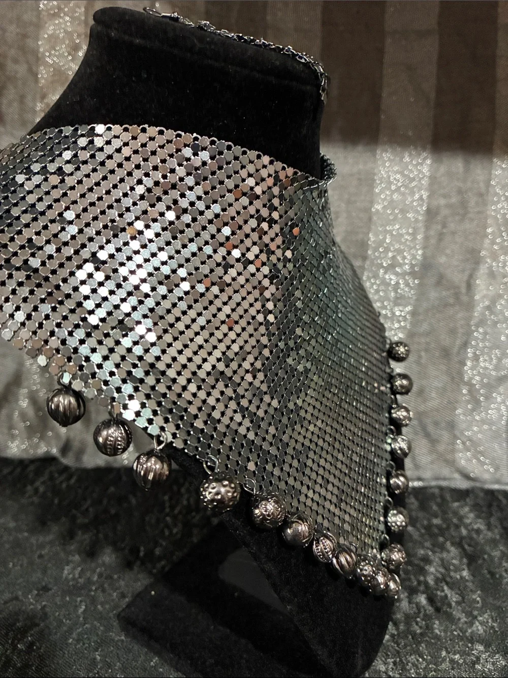 Gunmetal Mesh Bib Necklace with Beaded Edge - Sleek Evening Statement